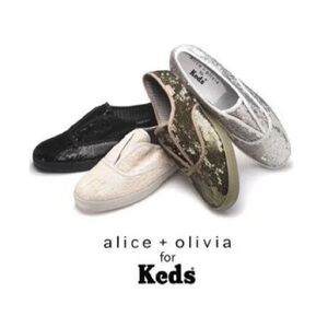 Limited Edition Ked’s for Alice + Olivia Silver Sequin Slip On Sneakers
